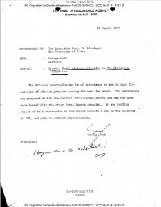 The cover sheet of the CIA memo regarding Rhodesia, dated 31 August 1976