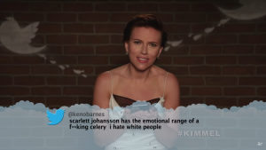 Scarlett Johansson looks shocked after reading a racist tweet on the Jimmy Kimmel Show